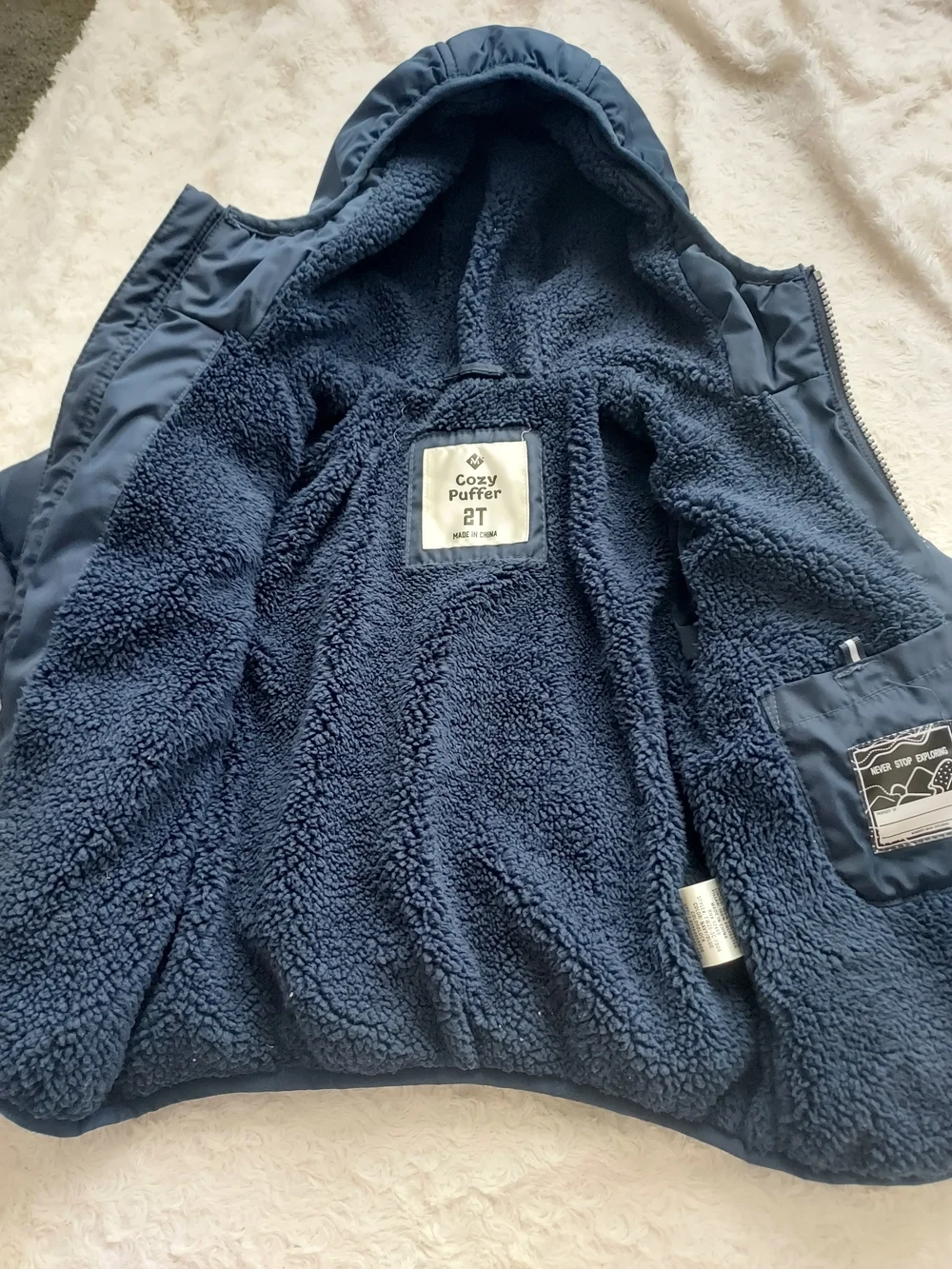 Kids 2T Toddler Cozy Hooded Navy Colorblock Puffer Jacket Cold Cool Weather Snow